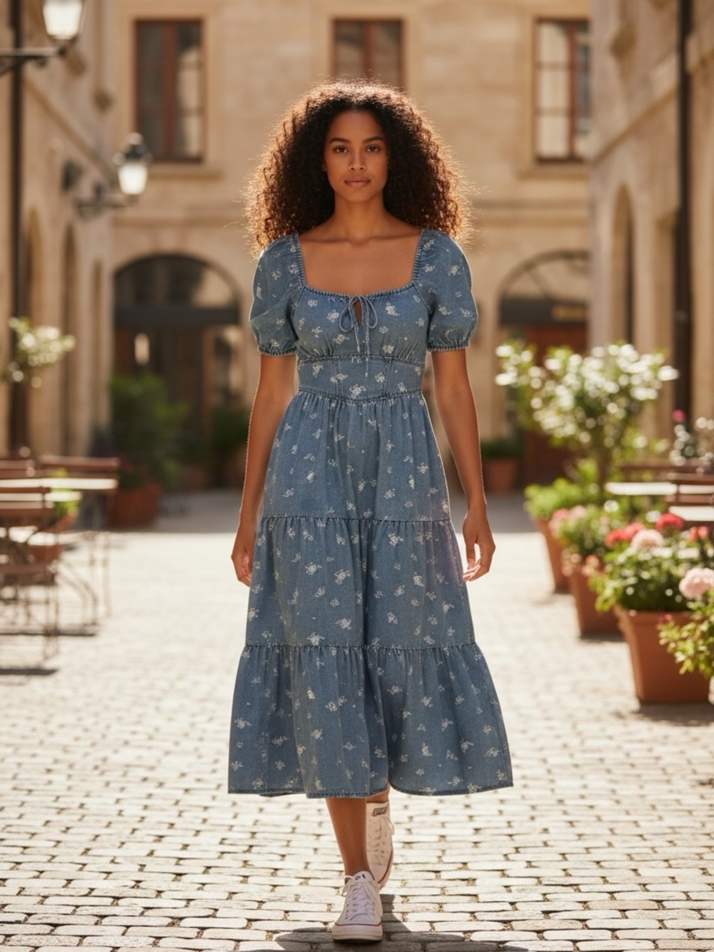 Denim-Blue Floral Tiered Midi Dress with Puff Sleeves